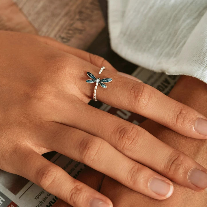 BAMOER Vintage 925 Sterling Silver Dainty Dragonfly Stud Earrings & Dragonfly Open Size Ring for Women Fine Jewelry Set Gift Mirror Quenn