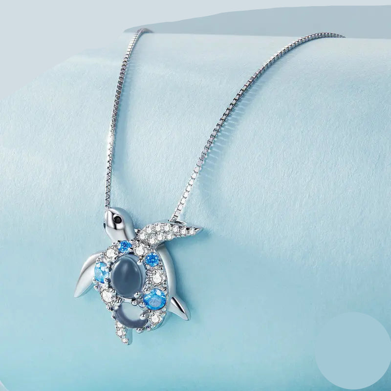 Bamoer 925 Sterling Silver Blue Spinel Sea Turtle Pendant Necklace Pave Setting CZ for Women Valentine's Day Gift Mirror Quenn