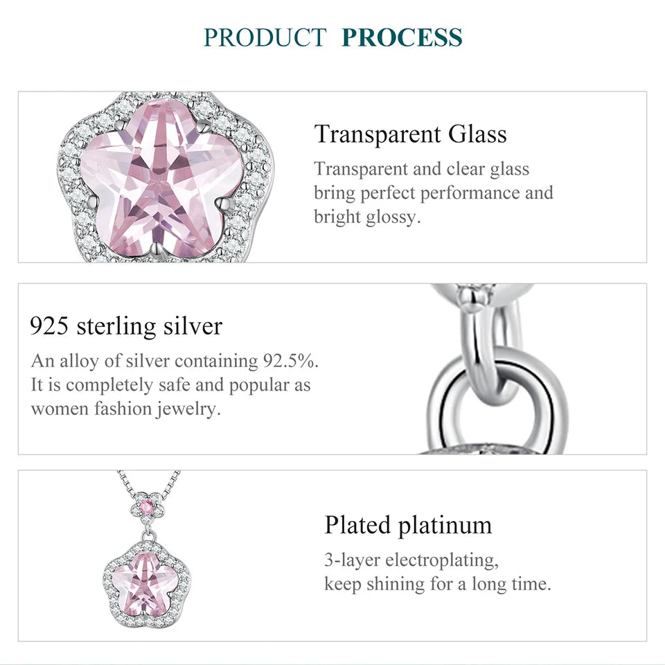 Bamoer 925 Sterling Silver Pink Flower Pendant Necklace Little Star Neck Chain Pave Setting CZ for Women Valentine's Day Gift Mirror Quenn
