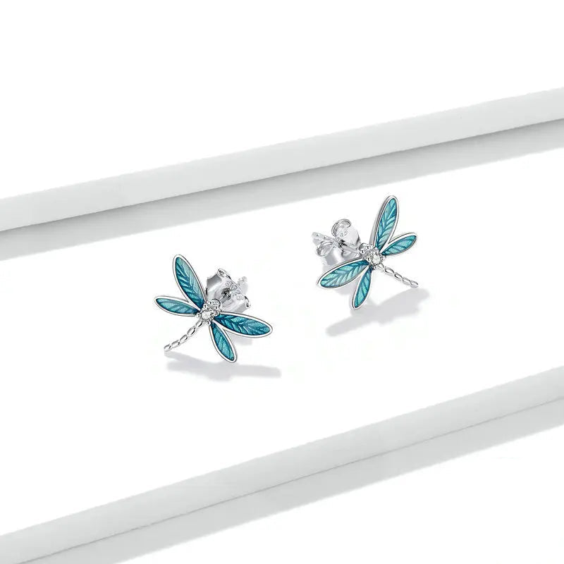 BAMOER Vintage 925 Sterling Silver Dainty Dragonfly Stud Earrings & Dragonfly Open Size Ring for Women Fine Jewelry Set Gift Mirror Quenn
