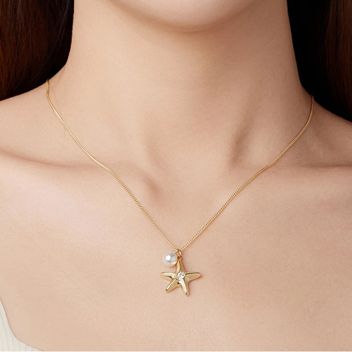 925 Sterling Silver Starfish Pendant Necklaces with Round Pearl Beads 18K Gold Basic Link Chain for Women Elegant Gift Mirror Quenn