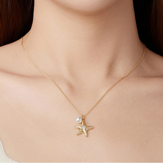 925 Sterling Silver Starfish Pendant Necklaces with Round Pearl Beads 18K Gold Basic Link Chain for Women Elegant Gift Mirror Quenn