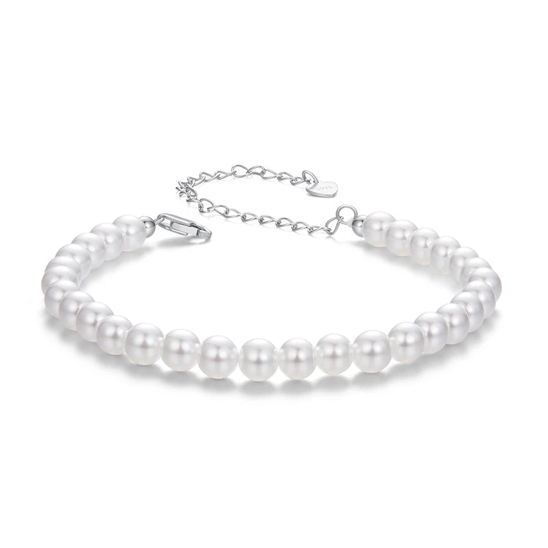 BAMOER White Pearl Bracelets for Women, 925 Silver Adjustable Clasp Chain Faux Pearl Beaded Bracelets Bridal Wedding Jewelry Mirror Quenn