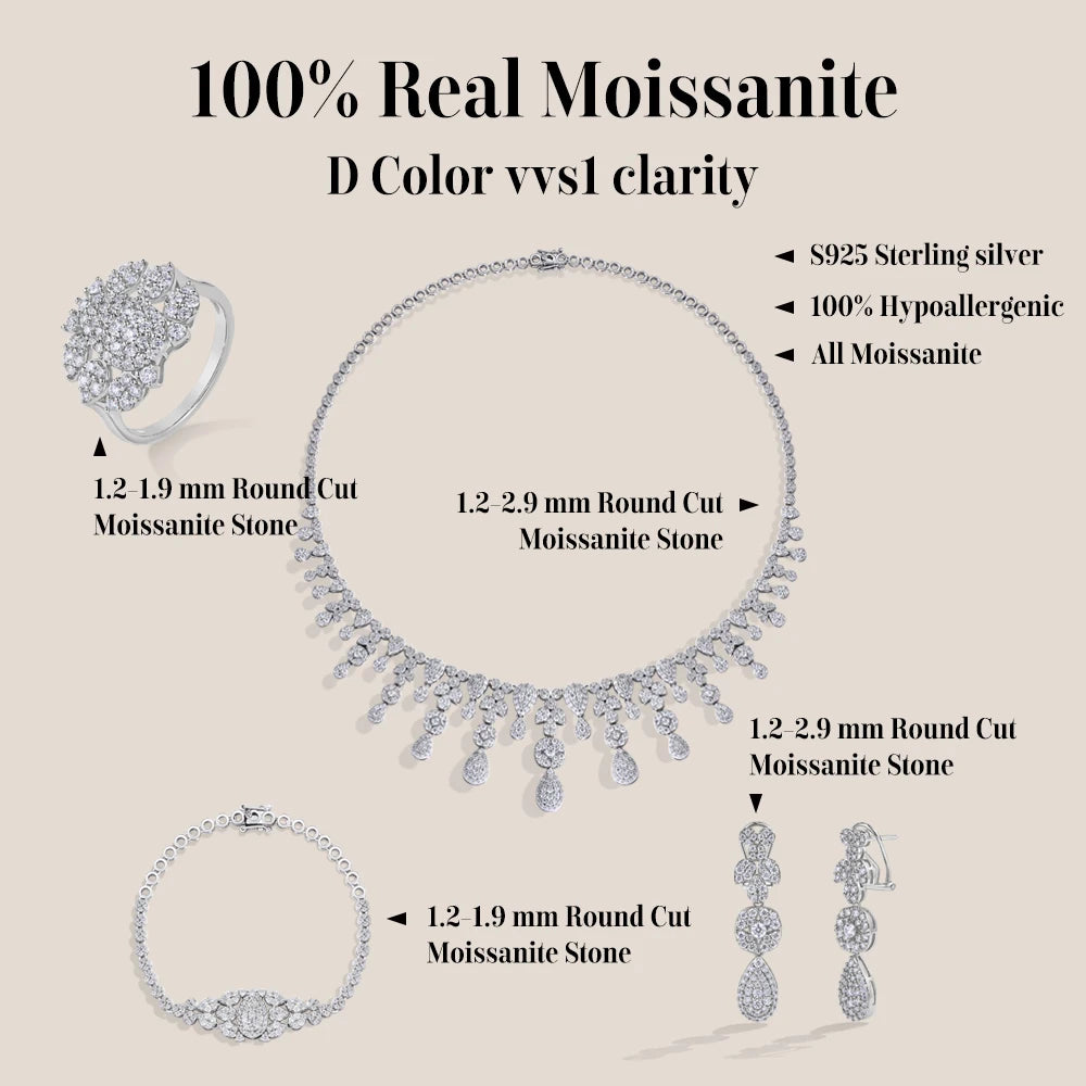 ATTAGEMS Vintage s925 Silver Moissanite Jewelry Set forWomen Tassel Water Drop Necklace Earrings Ring Bracelet for Wedding Party