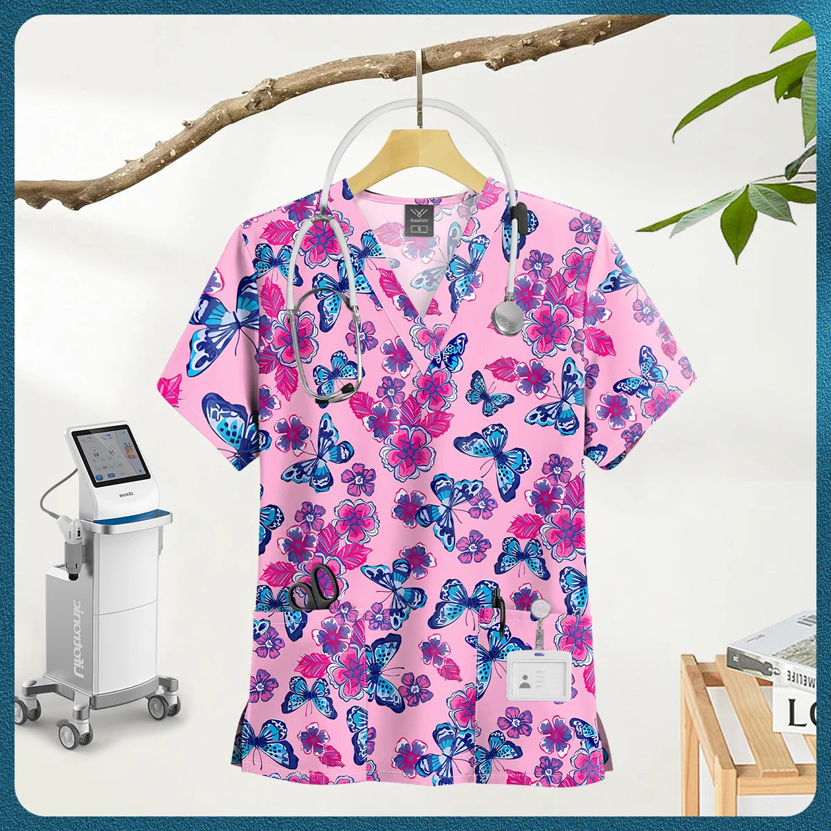 Printed Scrub Top with Pockets – V-Neck
