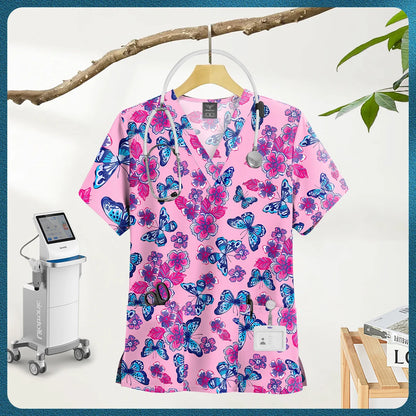 Printed Scrub Top with Pockets – V-Neck