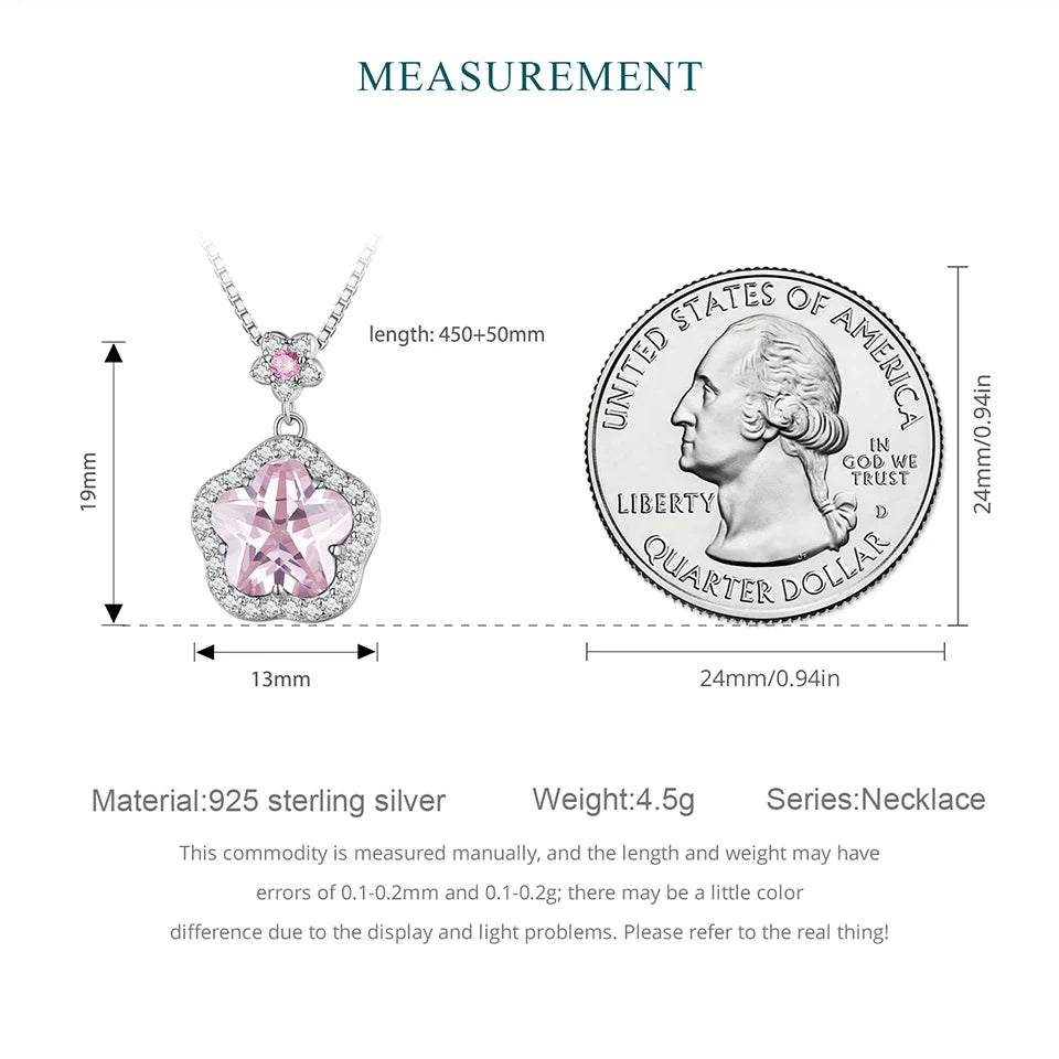 Bamoer 925 Sterling Silver Pink Flower Pendant Necklace Little Star Neck Chain Pave Setting CZ for Women Valentine's Day Gift Mirror Quenn