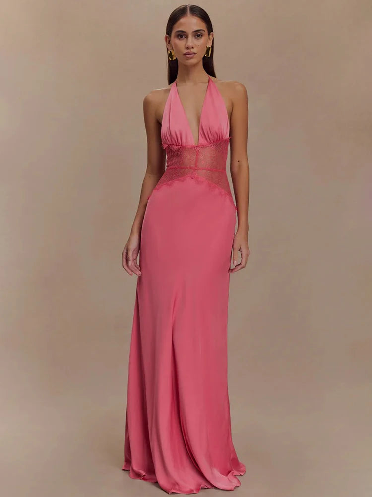 Backless Lace Halter Maxi Dress