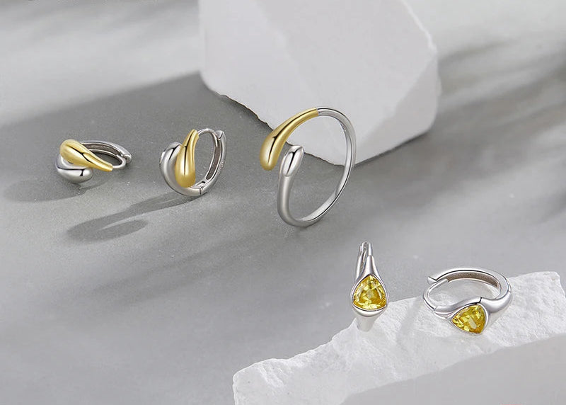 925 Sterling Silver Two-Tone Waterdrop Open Adjustable Ring, Waterdrop Rings Statement Rings Simple Stackable Band Rings Mirror Quenn