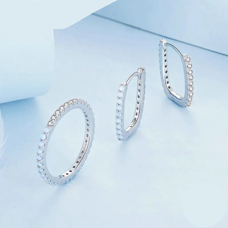 Bamoer 925 Sterling Silver Blue Opal Simple Jewelry Set Square Hoop Earrings Minimalist Finger Ring for Women Fine Jewelry Mirror Quenn