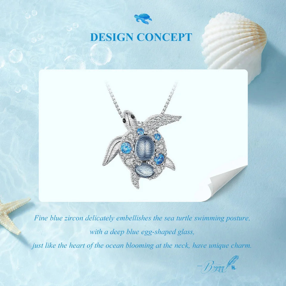 Bamoer 925 Sterling Silver Blue Spinel Sea Turtle Pendant Necklace Pave Setting CZ for Women Valentine's Day Gift Mirror Quenn
