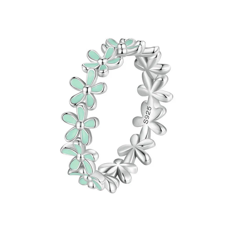 BAMOER 925 Sterling Silver Flower Rings Pink Wreath Finger Ring Stacking for Women Birthday Gift Sweet Romatic Fine Jewelry Mirror Quenn