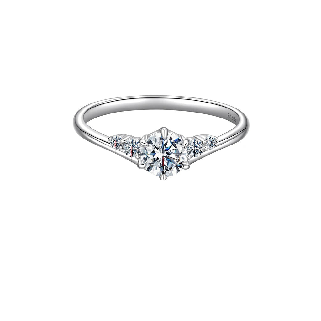BAMOER 0.6CT Moissanite Ring 5-Stones Prongs Setting Band Ring D Color VVS1 Original for Women Wedding Jewelry with Certificate Mirror Quenn