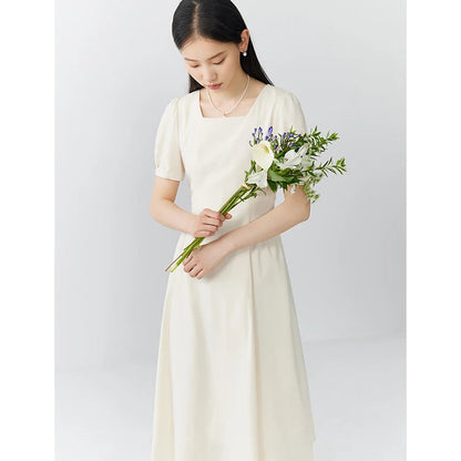 Elegant White A-Line Puff Sleeve Dress Mirror Quenn