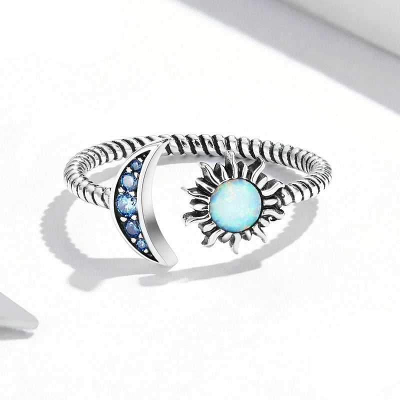 BAMOER Authentic 925 Sterling Silver Shining Sun & Moon Open Size Ring for Women Vintage Opal Ring Fine Jewelry Party Gift Mirror Quenn
