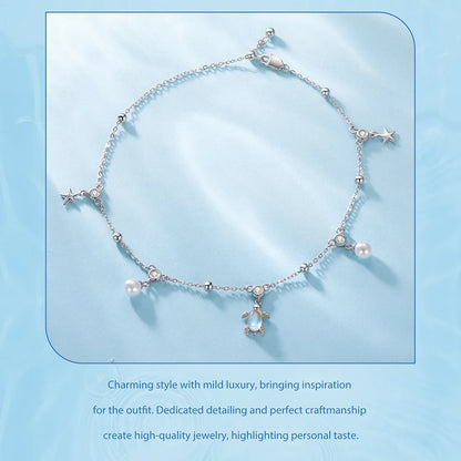 925 Sterling Silver Snake Chain Anklet Adjustable Turtle
