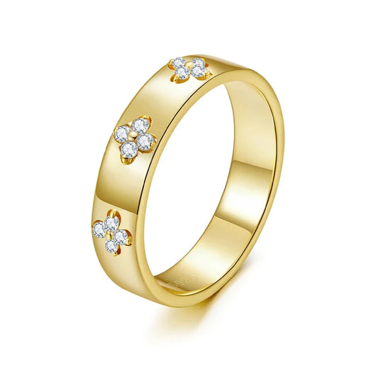 Moissanite Clover Ring 925 Sterling Silver Gold Plated Band
