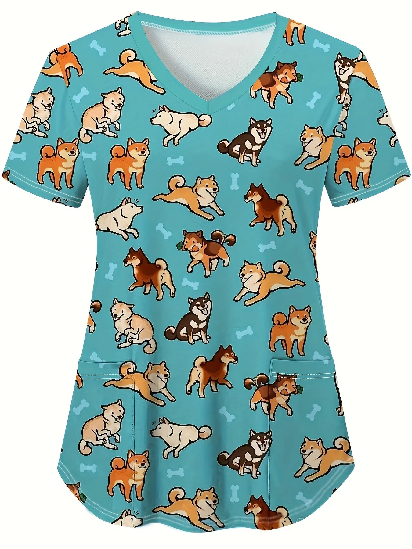 Cute Cat & Dog Print Medical Top – V-Neck Scrub