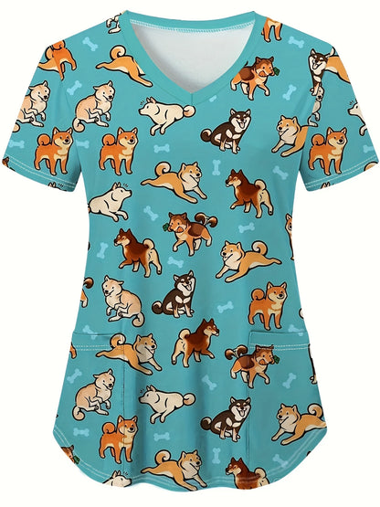 Cute Cat & Dog Print Medical Top – V-Neck Scrub