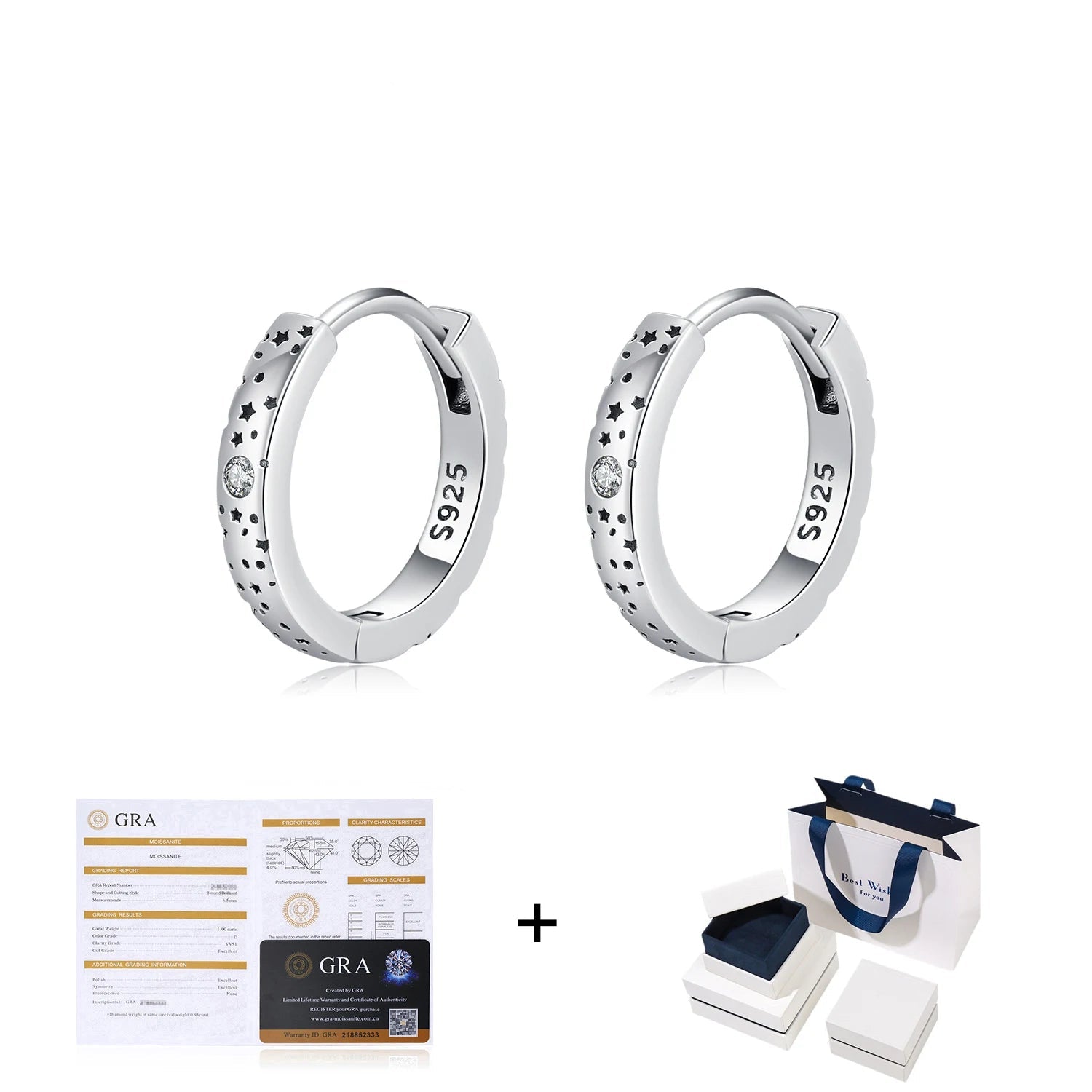 D Color Moissanite Star Hoop Earrings Mirror Quenn