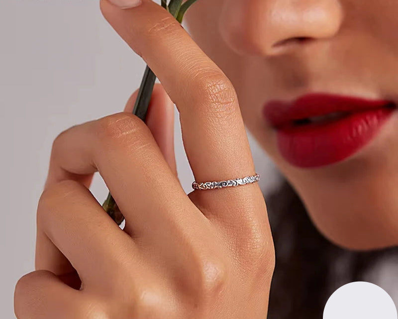 2mm 925 Sterling Silver Vintage Pattern Minimalist Band Ring, Silver Stacking Rings for Women SCR513 Mirror Quenn