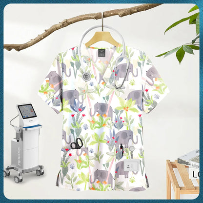 Printed Scrub Top with Pockets – V-Neck
