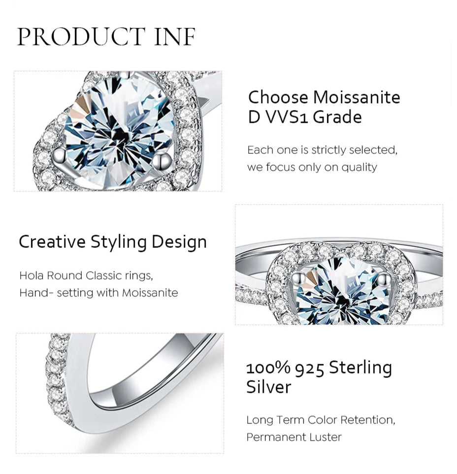 Brilliant Cut Moissanite Heart Sterling Silver Ring Mirror Quenn
