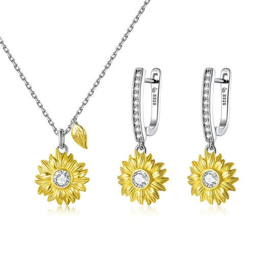 BAMOER Silver Sunflower Jewelry Set 925 Sterling Silver Gold Color Lucky Necklace Earring Gift for Women Fashion Jewelry  ZHS222 Mirror Quenn