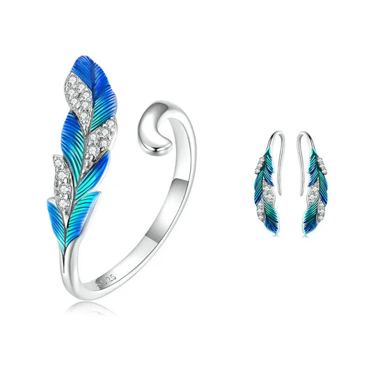 Bamoer 925 Sterling Silver Blue Peacock Feather Open Ring and Earrings Jewerly Set Pave Setting CZ for Women Chic Fine Jewelry Mirror Quenn