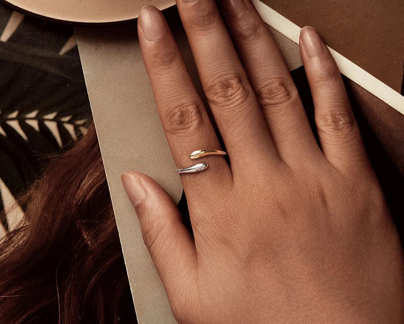 925 Sterling Silver Two-Tone Waterdrop Open Adjustable Ring, Waterdrop Rings Statement Rings Simple Stackable Band Rings Mirror Quenn