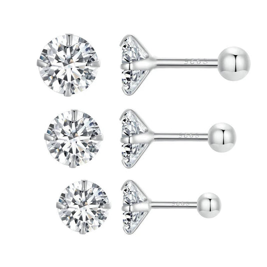 BAMOER Platinum Plated Classic Round CZ Stud Earrings Prongs Set 925 Sterling Silver Hypoallergenic Elegant Jewellry 3mm 5mm 7mm Mirror Quenn
