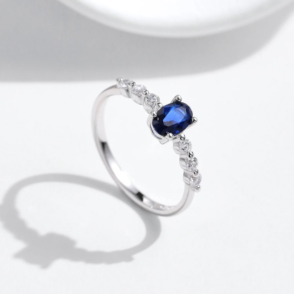 MODIAN 925 Sterling Silver Vintage Exquisite Basic Oval Blue Zirconia Finger Ring for Women Statement Ring Jewelry Gift Mirror Quenn