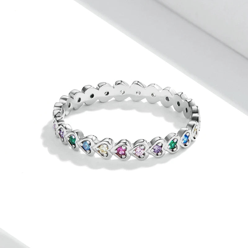 BAMOER Silver Rainbow Love Ring Crystal Heart 925 Sterling Silver Jewelry Enamel Colorful Stars Ring for Women Wedding Jewelry Mirror Quenn