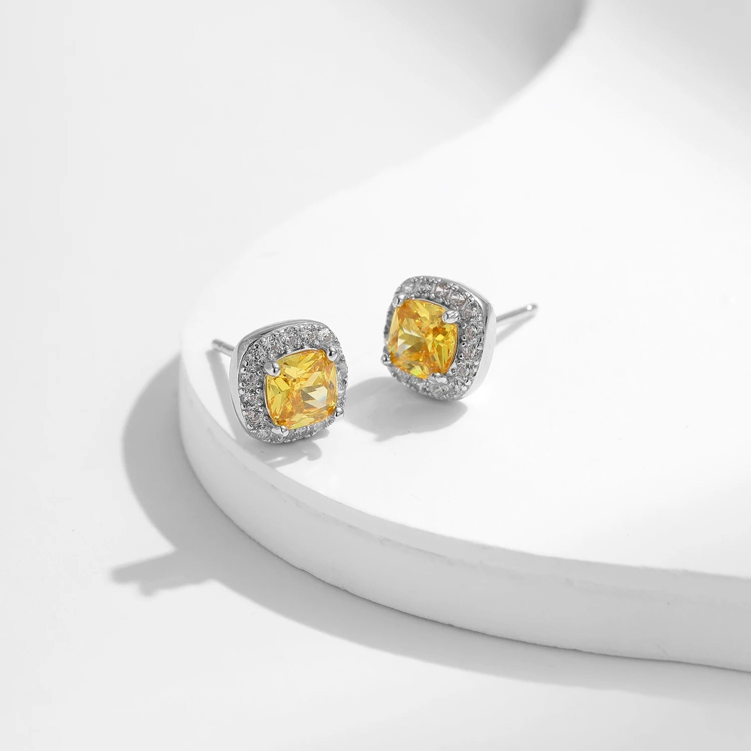 MODIAN Yellow Sparkling Cubic Zirconia Platinum Plated Stud Earrings 925 Sterling Silver Earrings For Women Wedding Jewelry Mirror Quenn