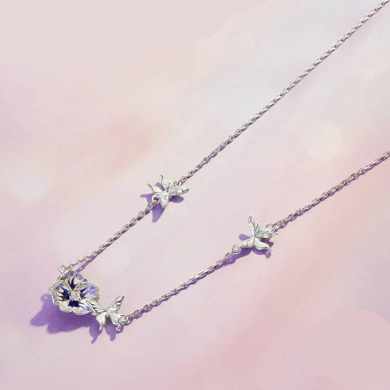 Bamoer 925 Sterling Silver Purple Enamel Pansy Flower Pendant Necklace Dancing Butterfly Adjustable Neck Chain for Women BSN336 Mirror Quenn
