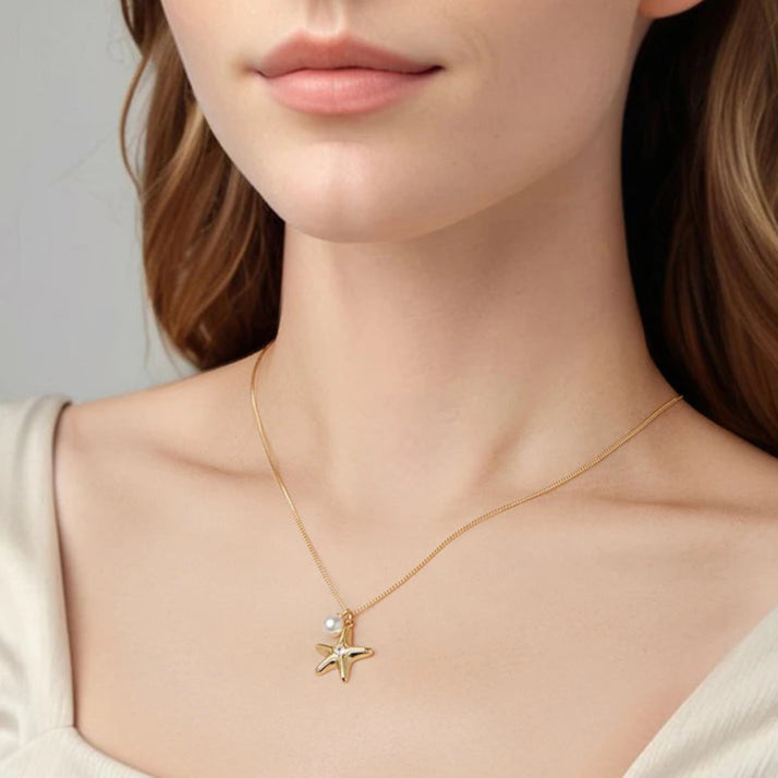 925 Sterling Silver Starfish Pendant Necklaces with Round Pearl Beads 18K Gold Basic Link Chain for Women Elegant Gift Mirror Quenn