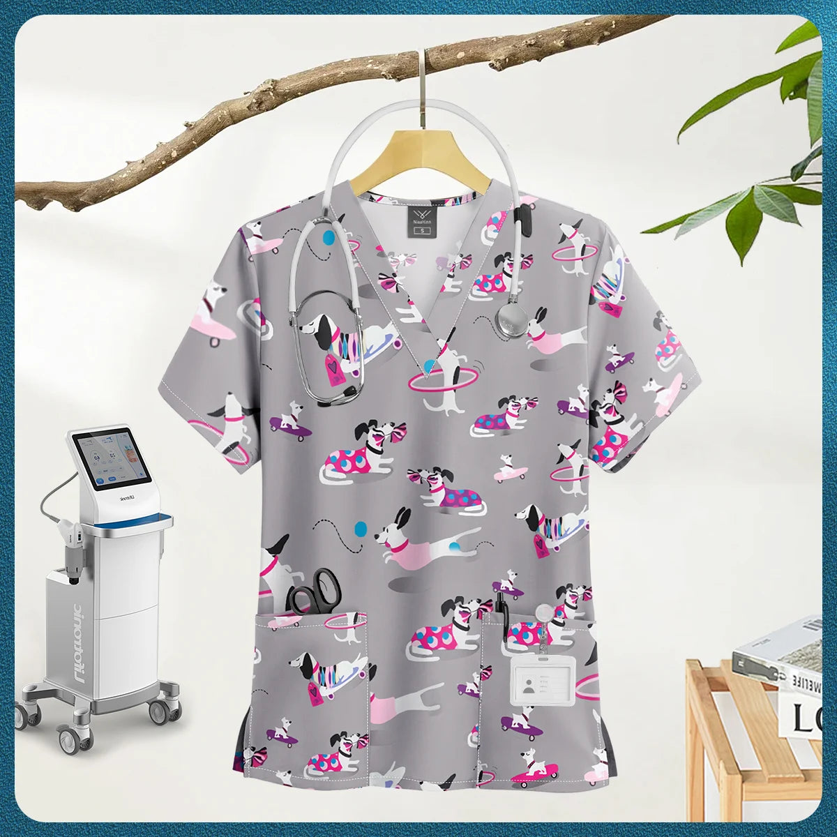 Printed Scrub Top with Pockets – V-Neck