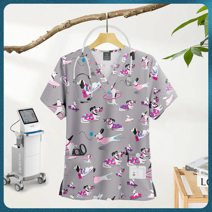 Printed Scrub Top with Pockets – V-Neck