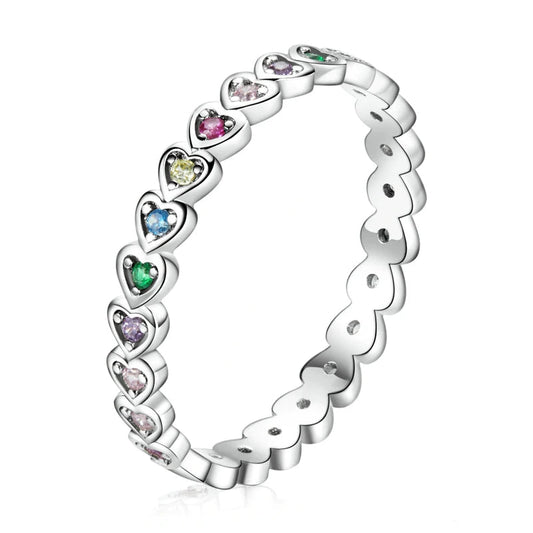 BAMOER Silver Rainbow Love Ring Crystal Heart 925 Sterling Silver Jewelry Enamel Colorful Stars Ring for Women Wedding Jewelry Mirror Quenn