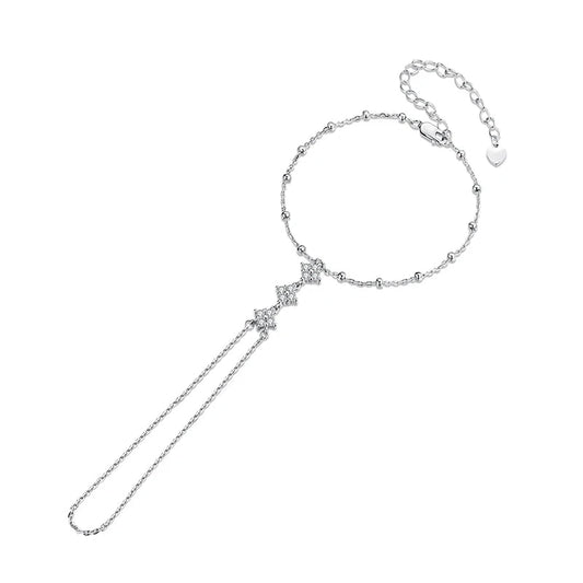 BAMOER 925 Sterling Silver Hand Chains Bracelet for Women, Dainty Four-leaf Clover CZ Bracelet and Ring Chain Body Jewelry Mirror Quenn