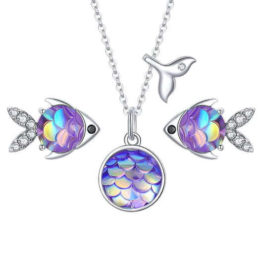 Bamoer 925 Sterling Silver Purple Fish Jewelry Set Happy Tropical Litte Fish Earrings Necklace for Women Fashion Jewelry SCE1028 Mirror Quenn