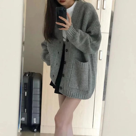 V-Neck Knit Cardigan – Loose Fit, One Size