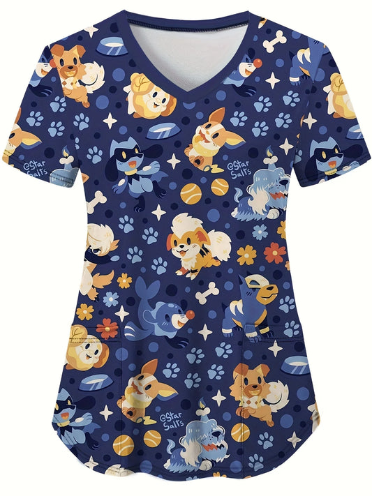 Cute Cat & Dog Print Medical Top – V-Neck Scrub