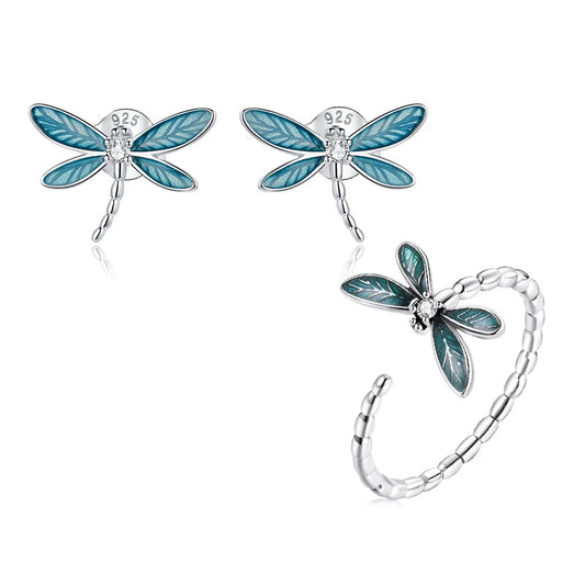 BAMOER Vintage 925 Sterling Silver Dainty Dragonfly Stud Earrings & Dragonfly Open Size Ring for Women Fine Jewelry Set Gift Mirror Quenn