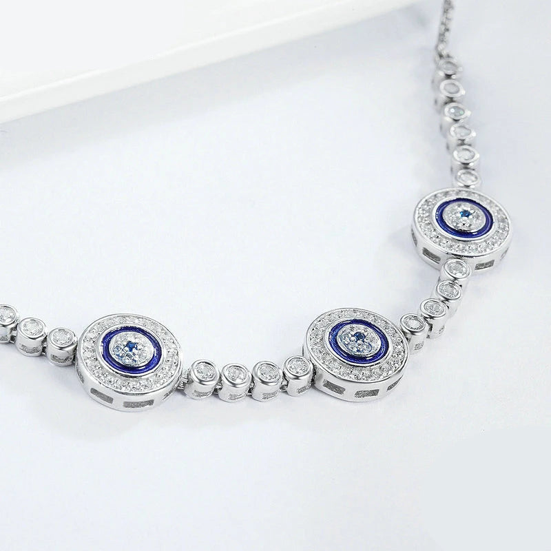 BAMOER Genuine 925 Sterling Silver Luxury Round Blue Evil Eyes Clear Cubic Zircon Crystal Tennis Bracelet Jewelry SCB002 Mirror Quenn