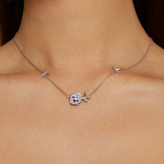 Bamoer 925 Sterling Silver Purple Enamel Pansy Flower Pendant Necklace Dancing Butterfly Adjustable Neck Chain for Women BSN336 Mirror Quenn