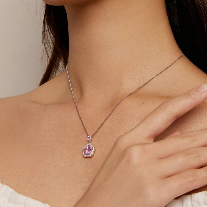 Bamoer 925 Sterling Silver Pink Flower Pendant Necklace Little Star Neck Chain Pave Setting CZ for Women Valentine's Day Gift Mirror Quenn