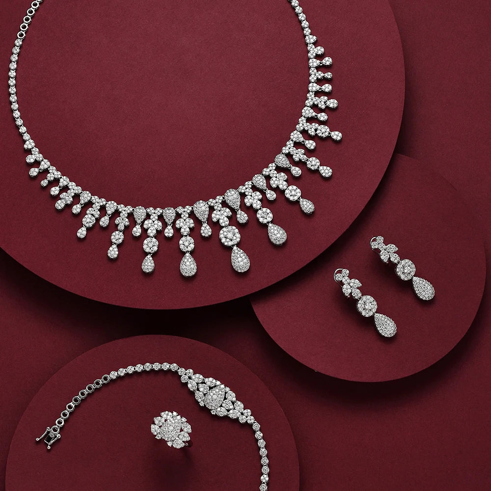 ATTAGEMS Vintage s925 Silver Moissanite Jewelry Set forWomen Tassel Water Drop Necklace Earrings Ring Bracelet for Wedding Party