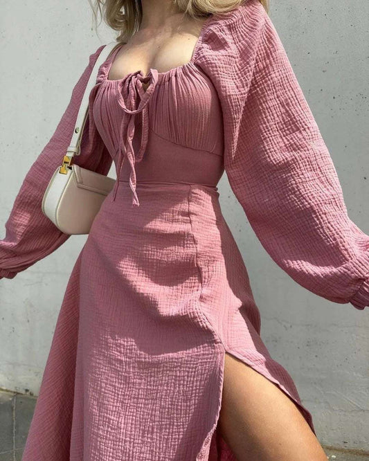 Lace-Up Slit Dress for Women – Square Neck, Lantern Sleeves, Cotton Midi Streetwear