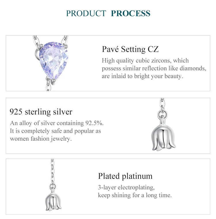 Bamoer 925 Sterling Silver Purple Zircon Lily of the Valley Pendant Necklace Elegent Neck Chain for Women Fine Jewelry BSN271 Mirror Quenn